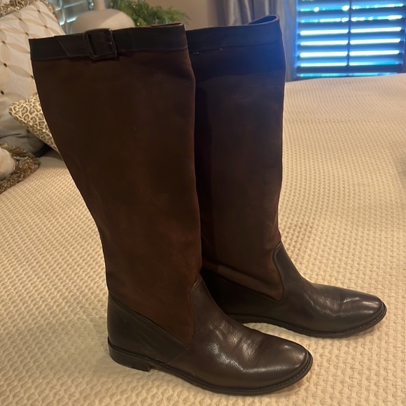 FRYE PAIGE Brown Leather Canvas Women's Riding Boots Size 10Riding Motorcycle - Picture 4 of 11